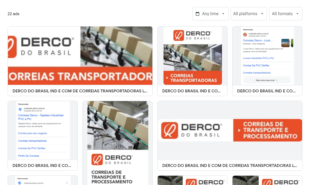 Print da Central de Transparência do Google com anúncios ativos da DERCO