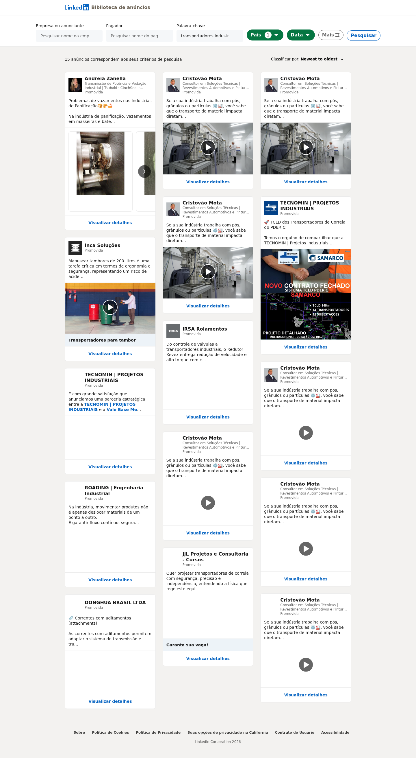 Print da LinkedIn Ad Library para transportadores industriais