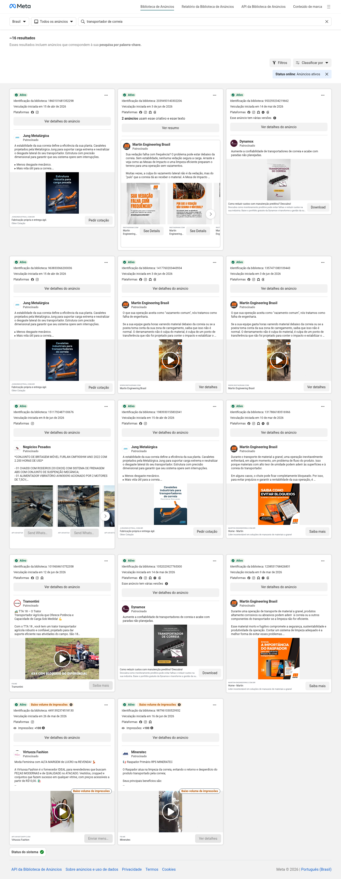 Print da Meta Ads Library para transportador de correia